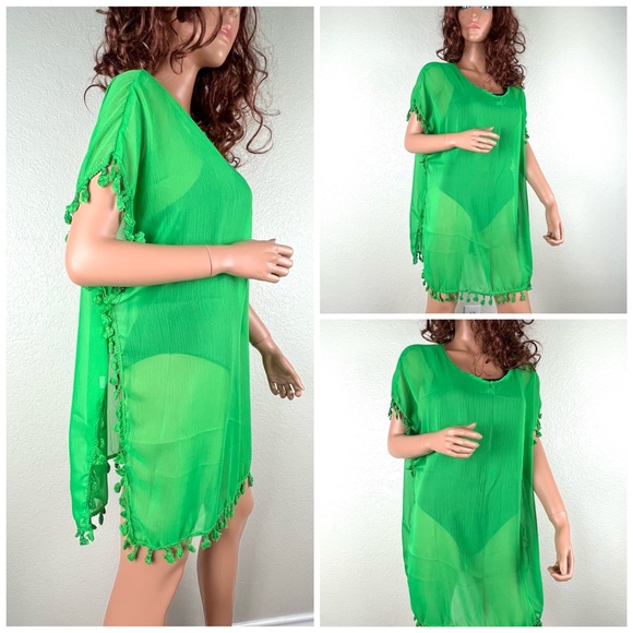 Swimsuit Cover Up with Tassels Green - Picture 2 of 6